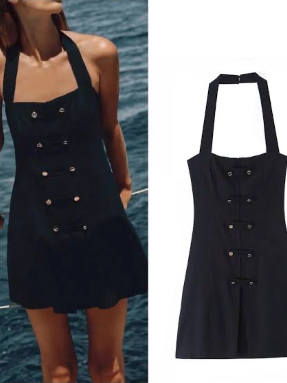 Navy halter dress with gold buttons